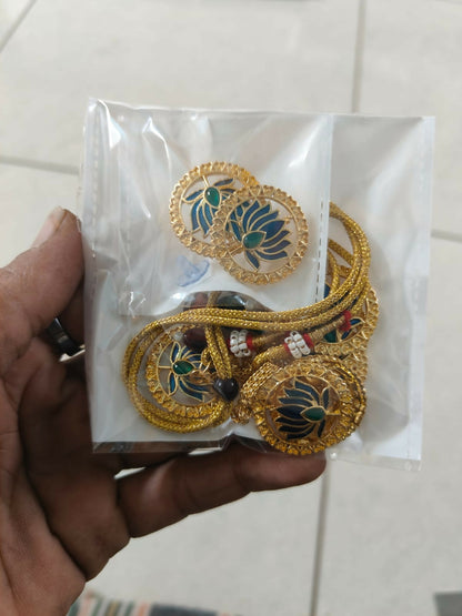 Bold Gold-Tone Blue-Green Mina Work Crystal & Pearl Choker Set