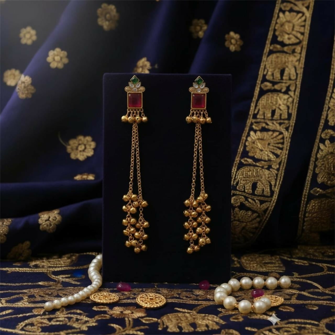 Pink Stone Kashmiri Long Chain Ghungroo Earrings.