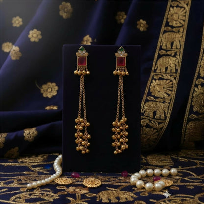 Pink Stone Kashmiri Long Chain Ghungroo Earrings.