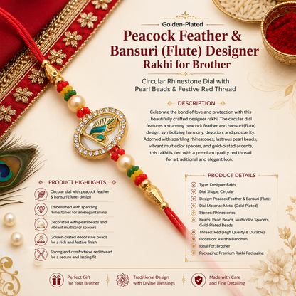 A gold-plated peacock feather and bansuri design with rhinestones and pearls on a red thread, with product details and a