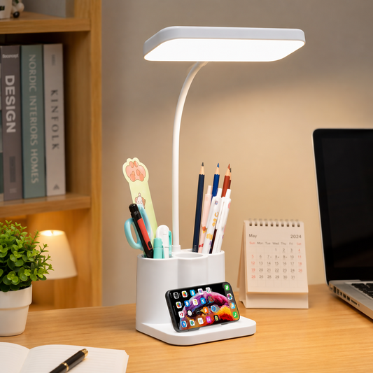 Multi-function LED desk lamp with pen holder and phone stand on desk