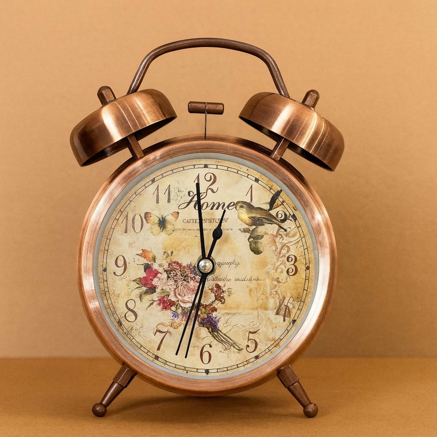 Vintage Bronze Twin Bell Alarm Clock with Loud Ringer | Retro Classic Bedside Table Clock with Antique Floral Dial & Metal Frame | Battery Operated Analog Clock for Home, Bedroom, Office & Gifting