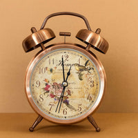 Vintage Bronze Twin Bell Alarm Clock with Loud Ringer | Retro Classic Bedside Table Clock with Antique Floral Dial & Metal Frame | Battery Operated Analog Clock for Home, Bedroom, Office & Gifting