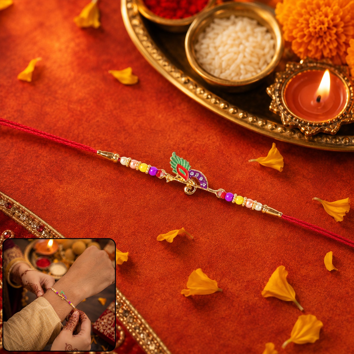 Close-up of colorful bead details on bird design rakhi