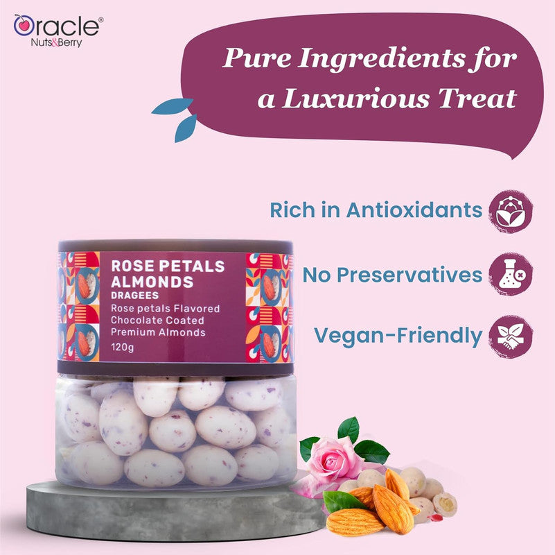 Oracle Nuts & Berry Rose Petals Almond Dragees – Chocolate Coated Premium Almonds – (120gm)