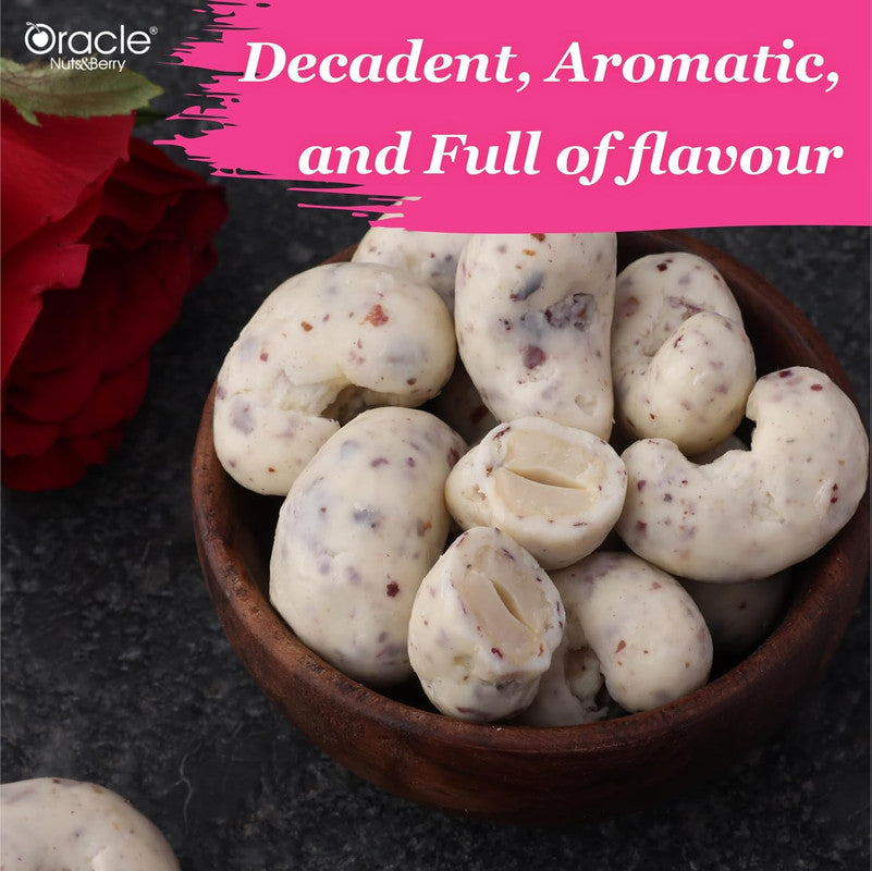Oracle Nuts & Berry Rose Petals Cashew Dragees – 120gm | Premium Chocolate Coated Cashews with Rose Petals Flavor