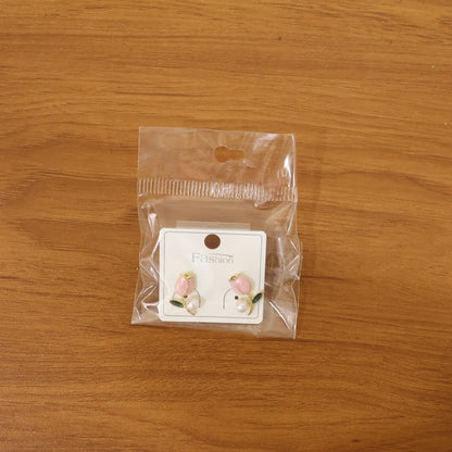 Luxury Pink Tulip Pearl Stud Earrings for Women & Girls – Gold Plated Floral Designer Earrings