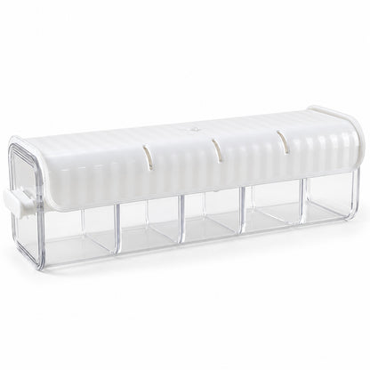 A white and clear plastic organizer with five empty compartments is shown against a plain white background.