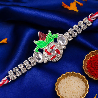 Ornate Rakhi with Leaf Floral Charm, multicolor stones and chain look for Festive Use