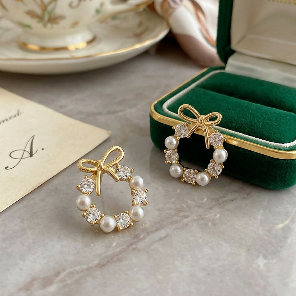 Gold-Tone Bow and Pearl Wreath Earrings - Elegant Jewelry