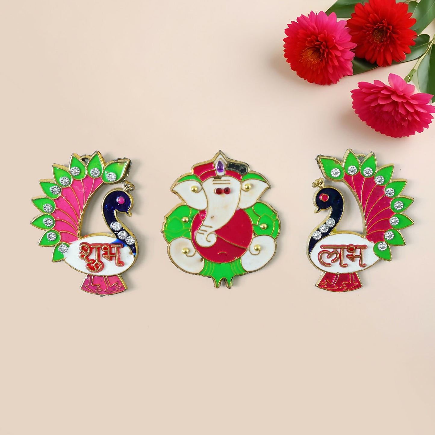 Acrylic Meenakari Peacock Ganesh Shubh Labh Door Hanging – Set of 3