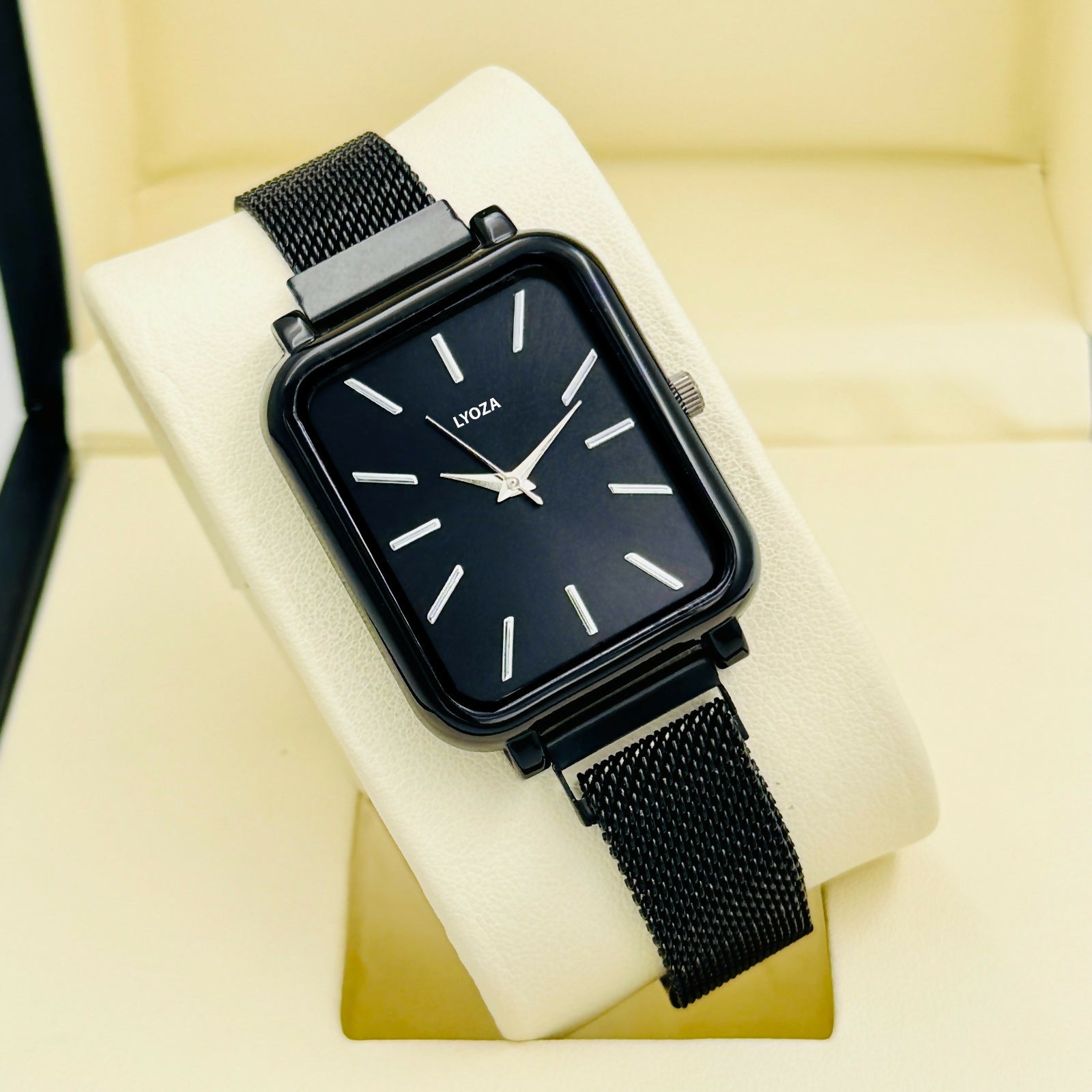 Black Square Analog Watch with Mesh Strap