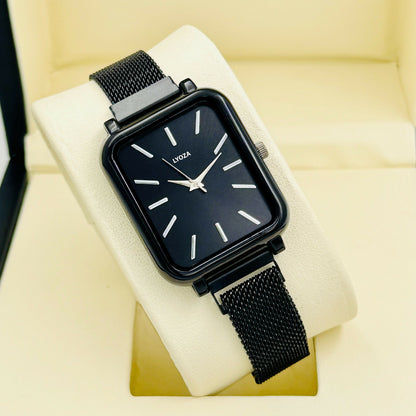 Black Square Analog Watch with Mesh Strap