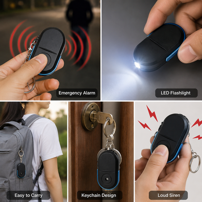 A black and blue personal safety alarm keychain with a silver carabiner clip is shown on a wooden surface, with insets