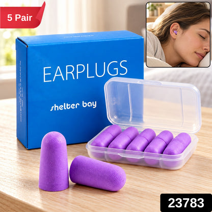 Purple foam earplugs loosely arranged next to their compact storage case.