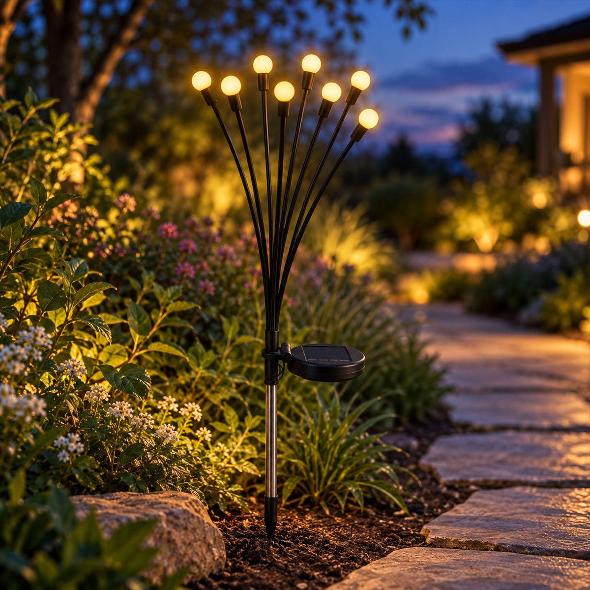 A solar firefly light with eight glowing orbs illuminates a garden path at dusk, creating a warm ambiance.