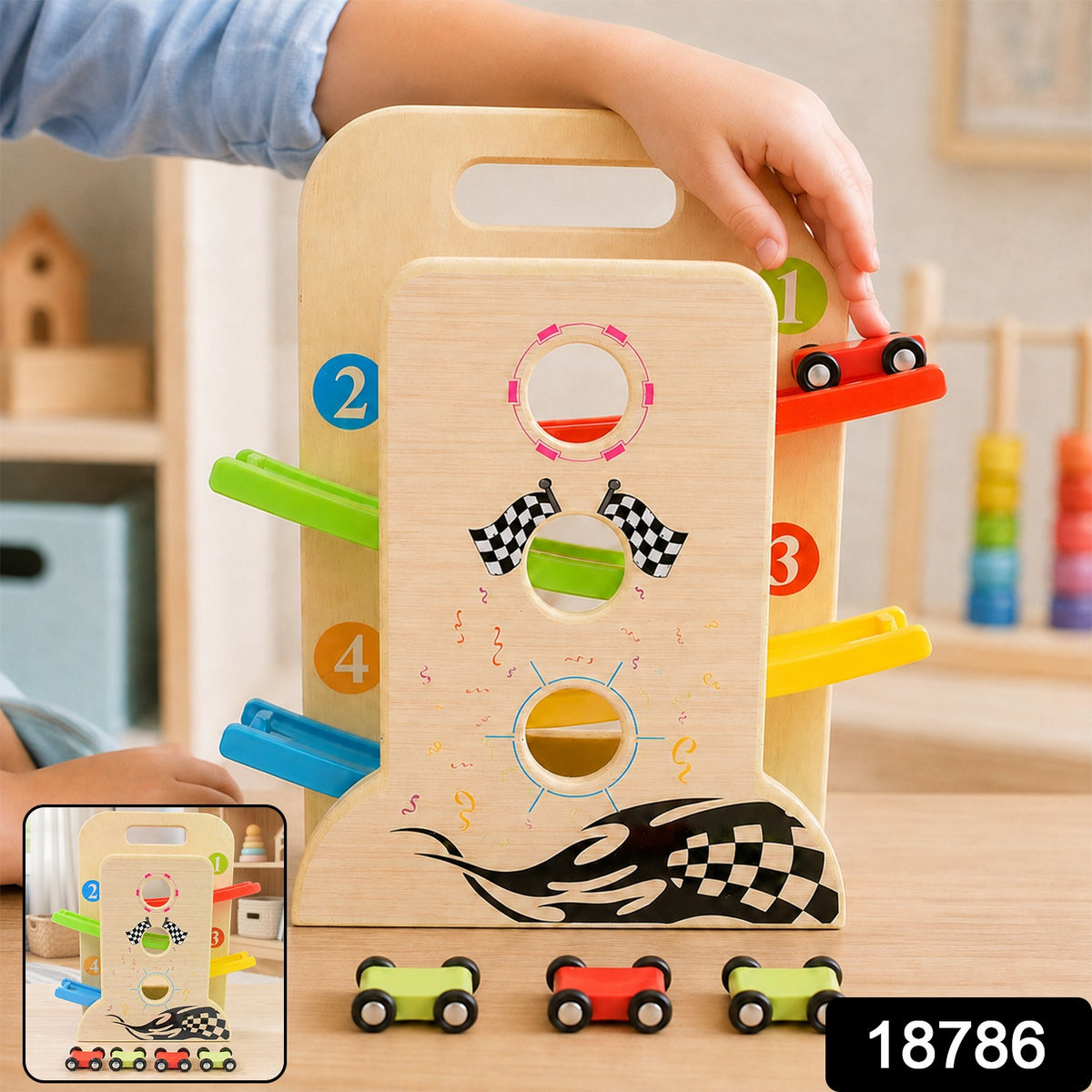 A child's hands place a red toy car on top of a wooden ramp racer with colorful tracks, with product code 18786.