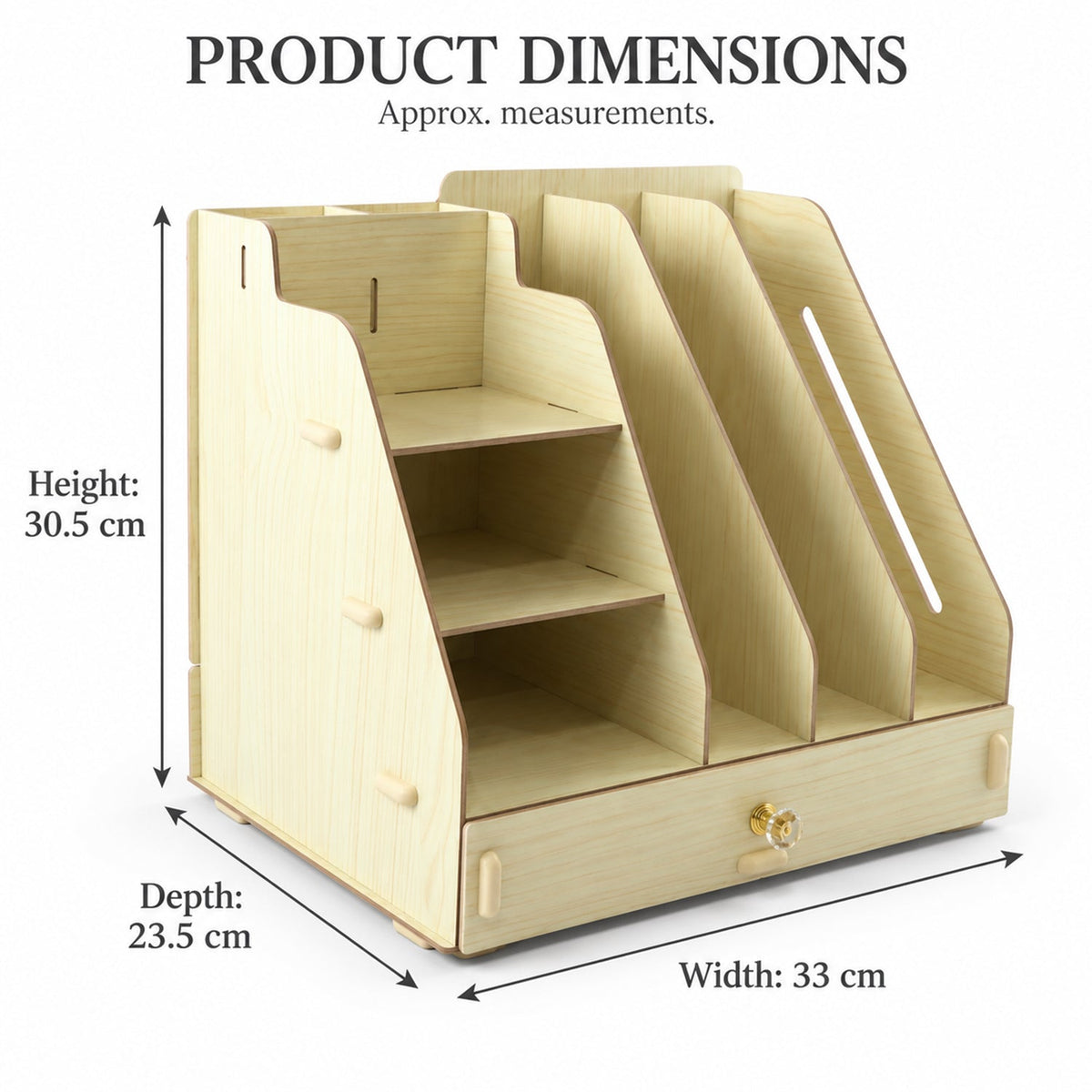 Light wood desk organizer with dimensions labeled: height 30.5 cm, width 33 cm, depth 23.5 cm.