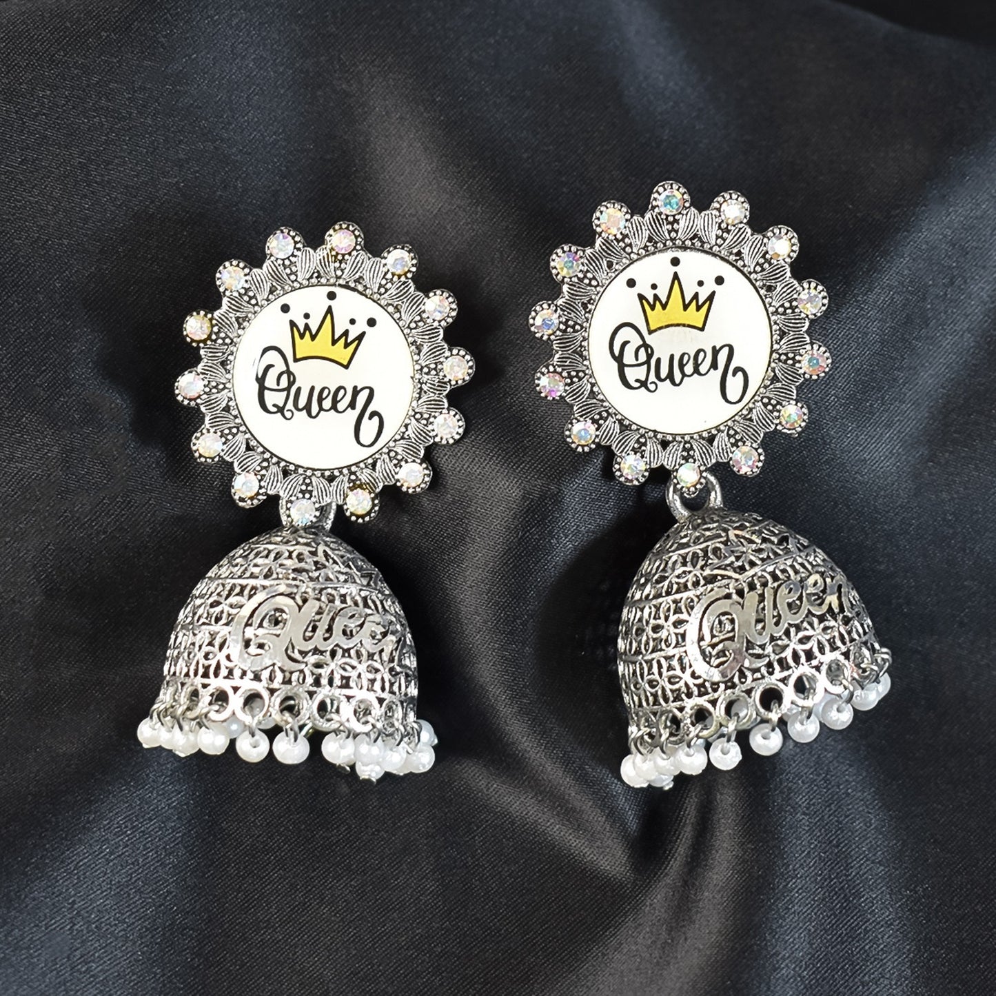 Royal Queen White-Coloured Jumka Earrings with Elegant Detailing