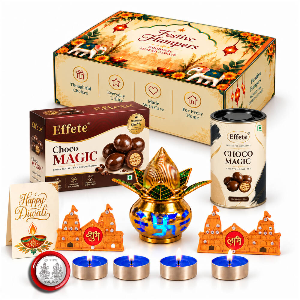 A festive gift box, chocolate box, chocolate tin, golden kalash, tealights, and two orange temple decorations on a white