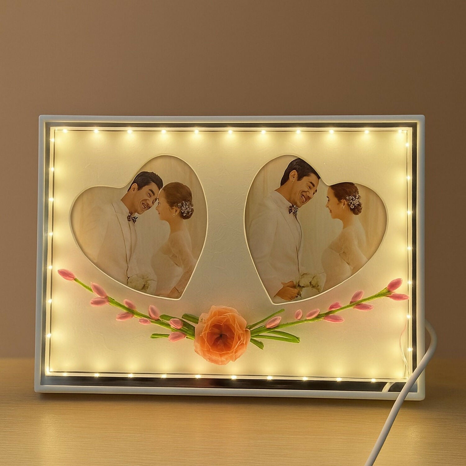 Romantic Dual Heart-Shape LED Light Photo Frame for Couple | Decorative Floral Wedding & Anniversary Picture Frame | USB Powered Warm Light Love Frame for Bedroom, Living Room & Gifting | Premium Couple Photo Display for Home Décor
