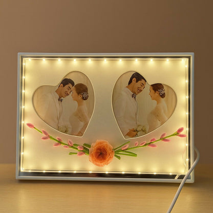 Romantic Dual Heart-Shape LED Light Photo Frame for Couple | Decorative Floral Wedding & Anniversary Picture Frame | USB Powered Warm Light Love Frame for Bedroom, Living Room & Gifting | Premium Couple Photo Display for Home Décor