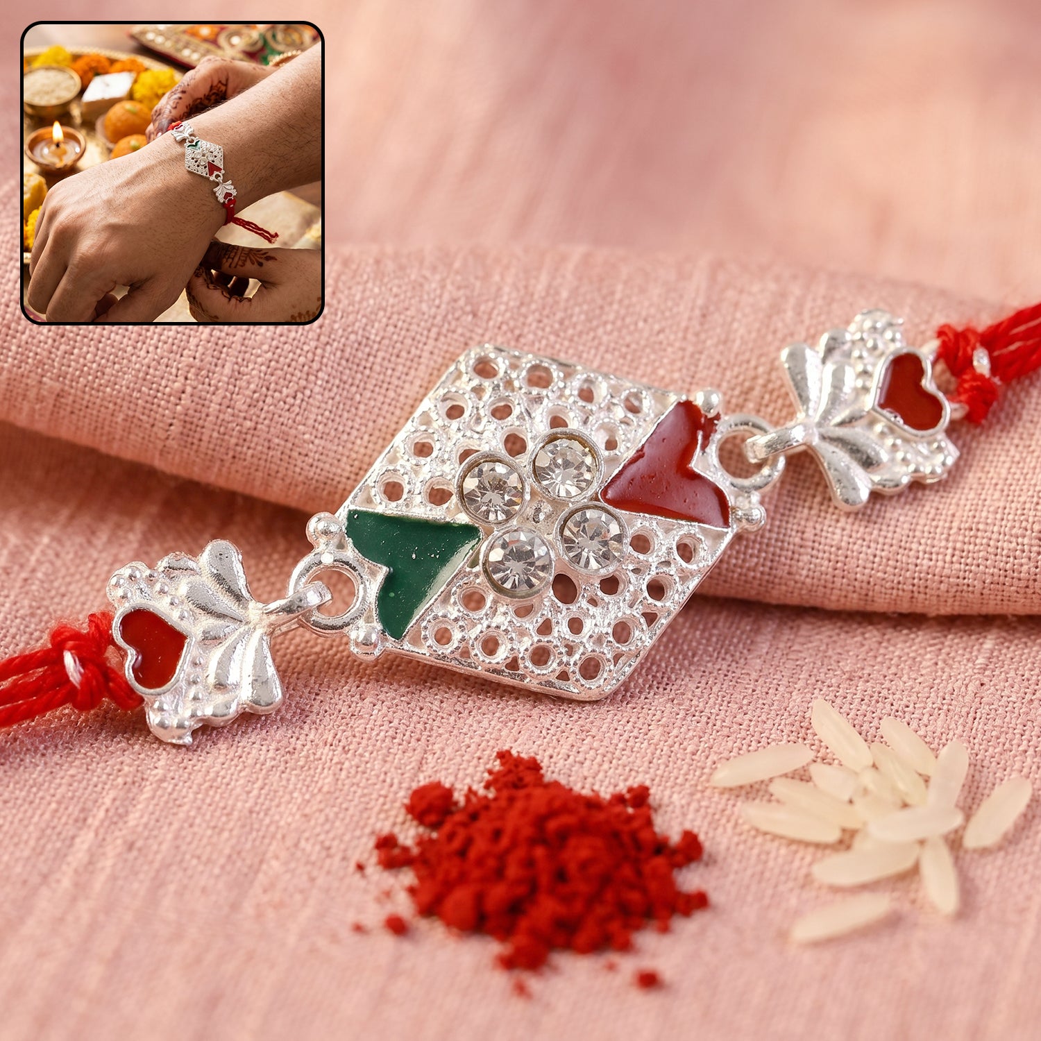 Silver Elephant Charm Rakhi with Red Green Stones and Crystals