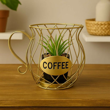 Coffee Cup Metal Planter Holder Decorative Tabletop Plant Pot Stand