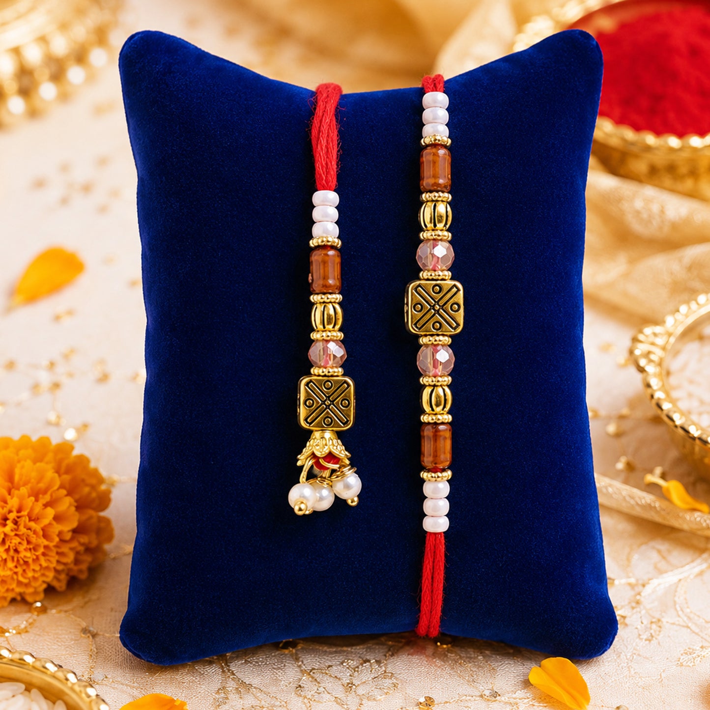 Geometric Square Couple Rakhi Set with Amber Beads and Pearl Lumba for Bhaiya Bhabhi