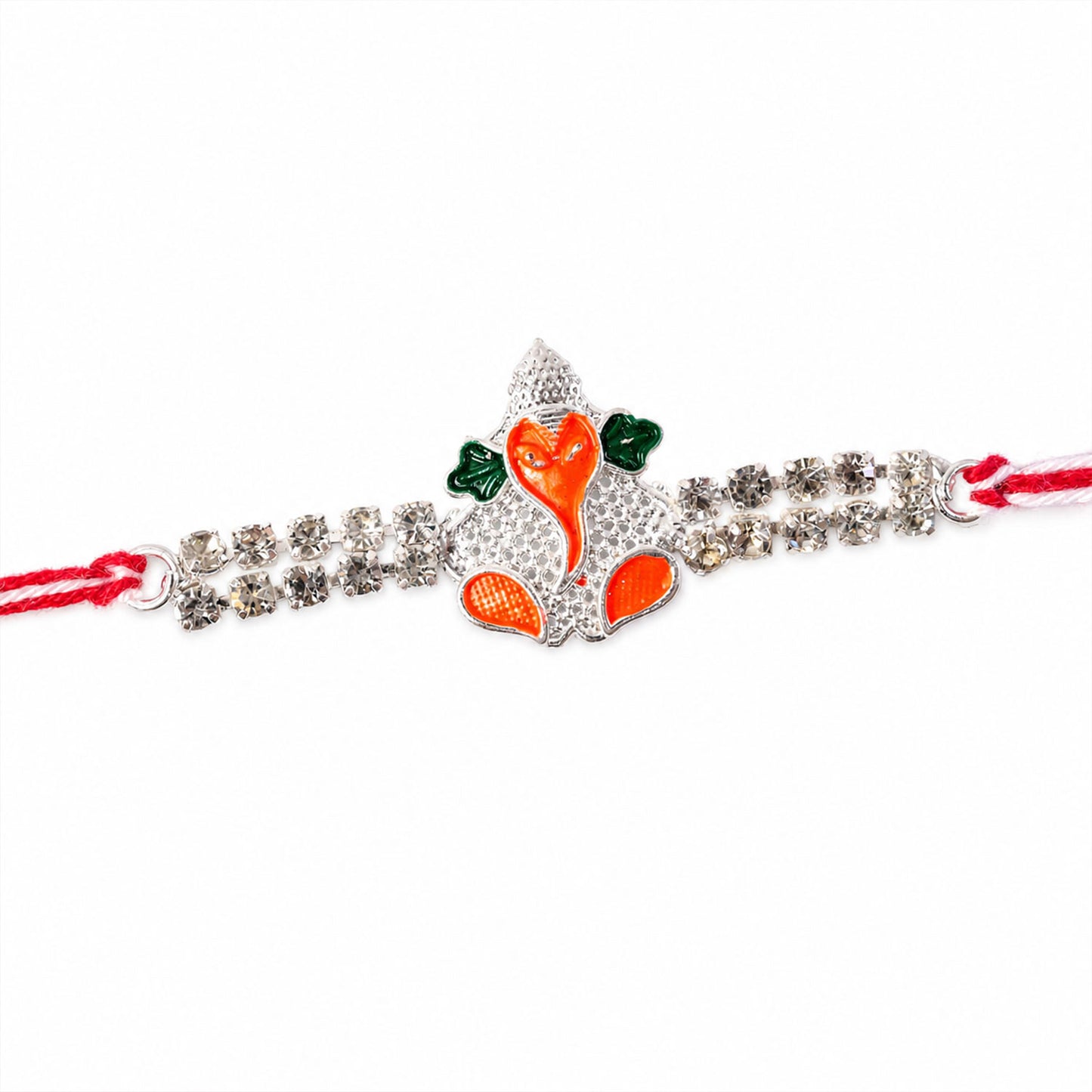 Silver-Toned Bal Ganesha Rakhi with Orange-Green Enamel, Double Crystal Chain & Red-White Thread