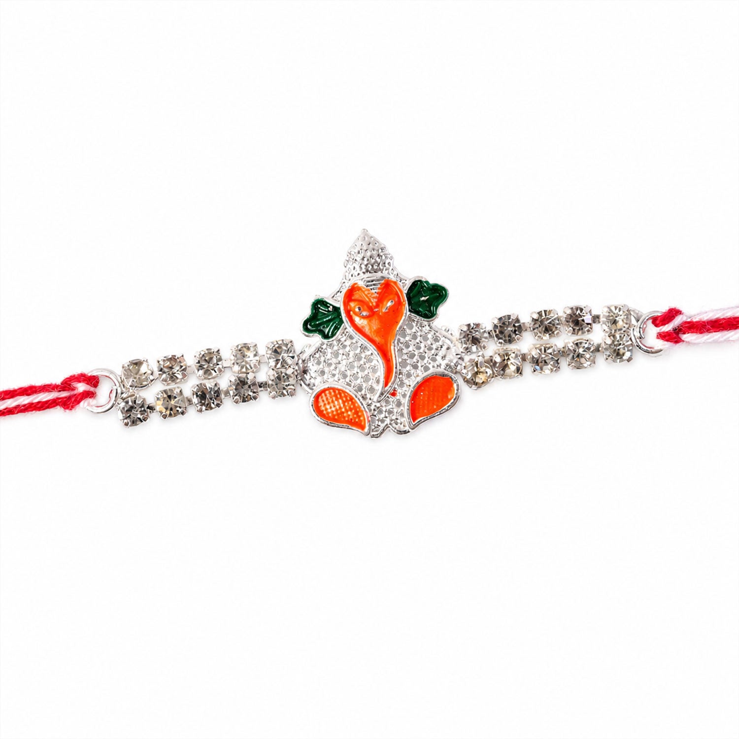 Silver-Toned Bal Ganesha Rakhi with Orange-Green Enamel, Double Crystal Chain & Red-White Thread