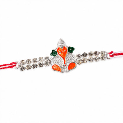 Silver-Toned Bal Ganesha Rakhi with Orange-Green Enamel, Double Crystal Chain & Red-White Thread
