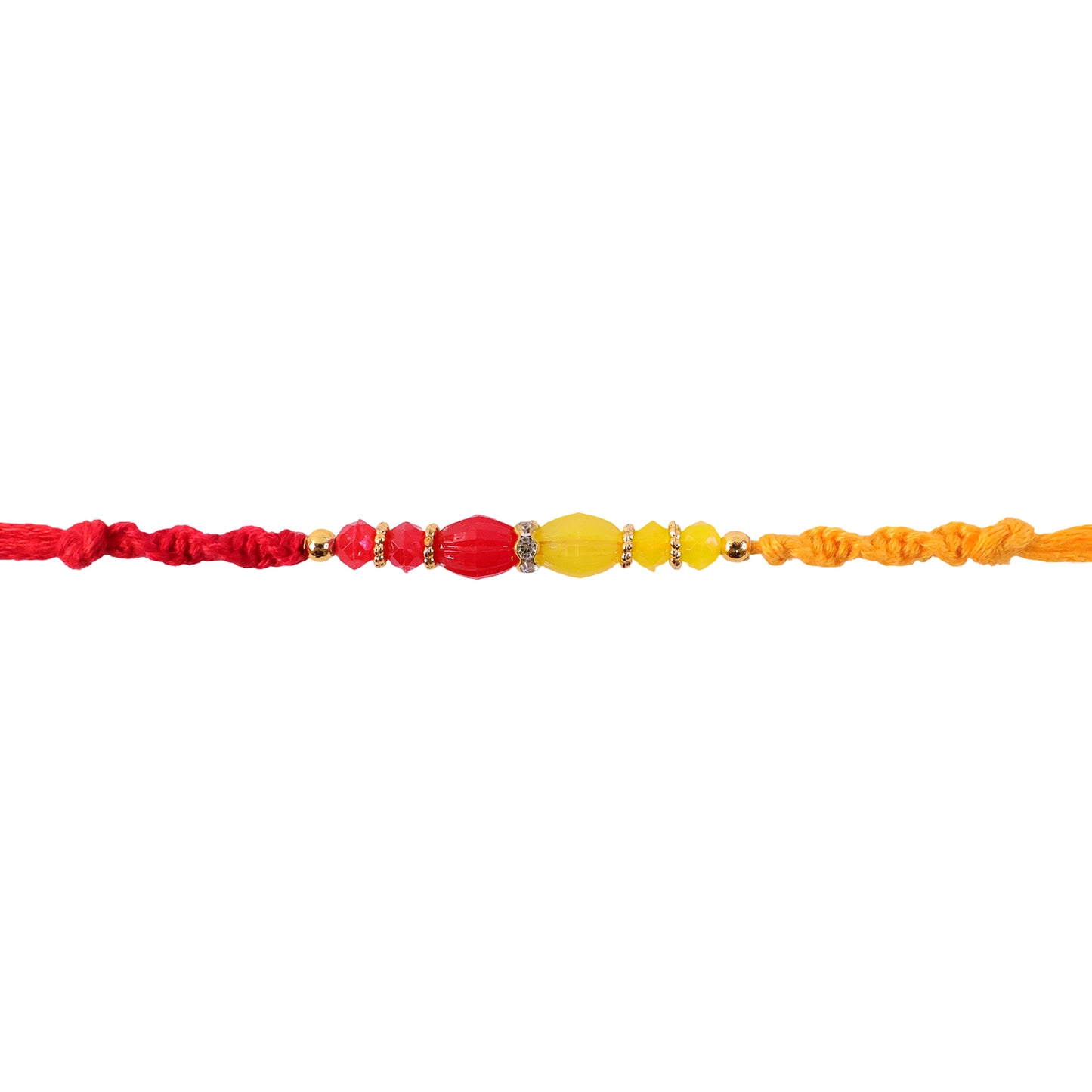 Red Thread Rakhi with Yellow and Orange Bead Pendant Accents