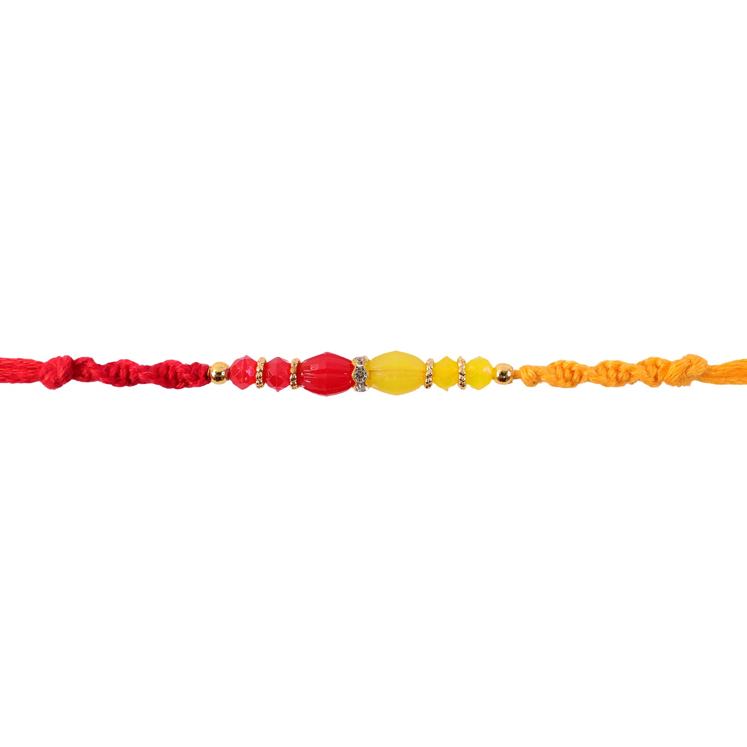 Red Thread Rakhi with Yellow and Orange Bead Pendant Accents