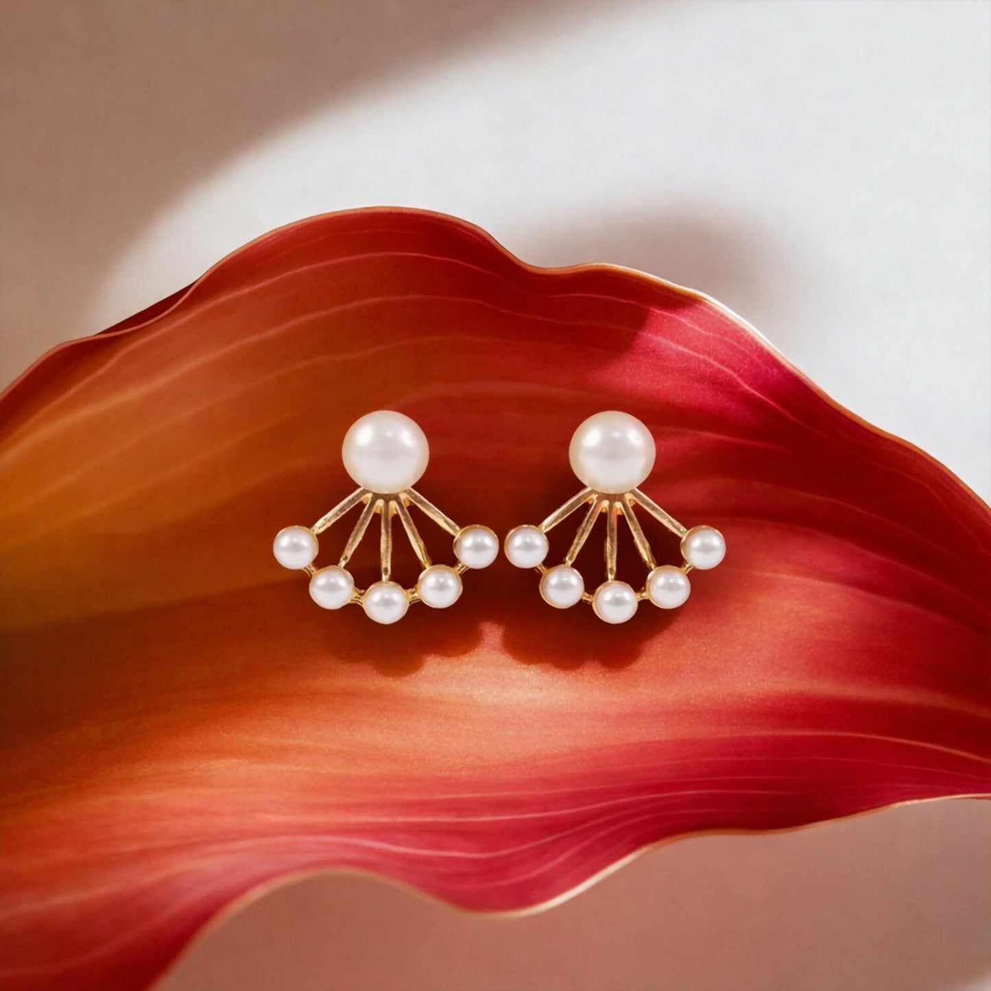 Korean Style Pearl Fan Design Stud Earrings for Women & Girls