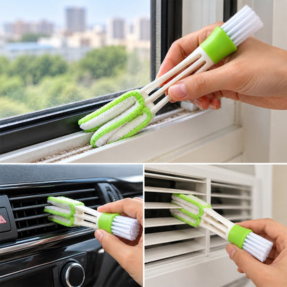 A hand holding a white and green 3-in-1 cleaning brush, using the microfiber side to clean a window sill.
