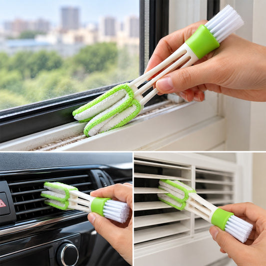 A hand holding a white and green 3-in-1 cleaning brush, using the microfiber side to clean a window sill.