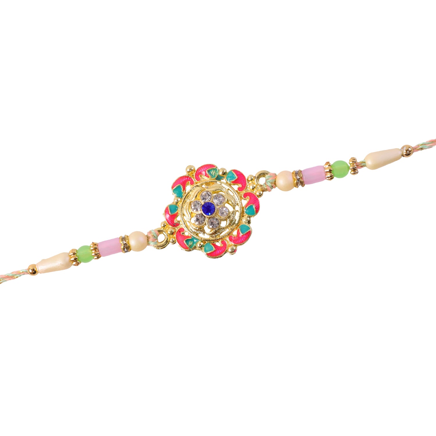 Paisley Petal Kundan Flower Pendant Rakhi with Pearl Beads