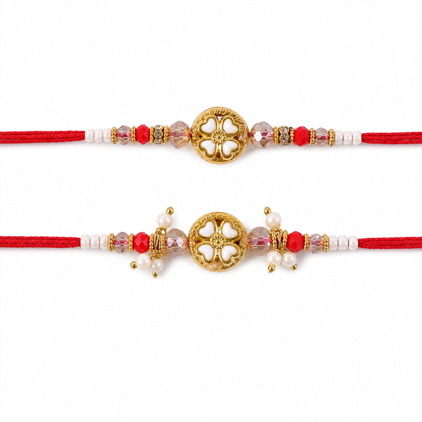 White Heart Floral Couple Rakhi Set with Crystal Beads and Pearl Lumba Charm Design