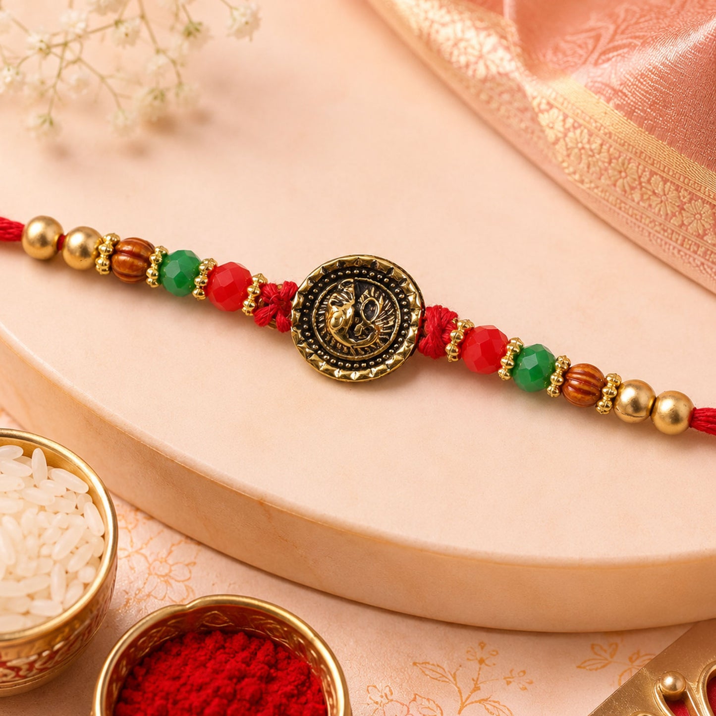 Ganesha Golden Medallion Devotional Rakhi with Red Green Beads and Festive Thread