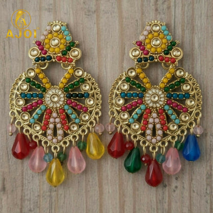 Two identical gold earrings feature intricate multicolored beadwork and a variety of pastel teardrop beads.
