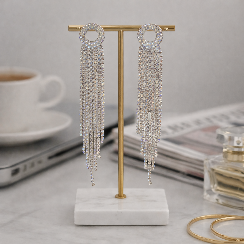 Elegant long earrings with crystal tassel and rhinestone stud showcasing sparkling design