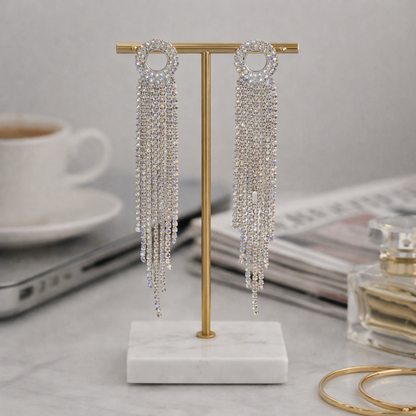 Elegant long earrings with crystal tassel and rhinestone stud showcasing sparkling design