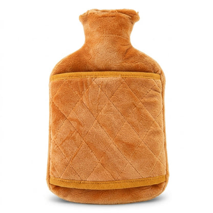 A front view of the rectangular orange hot water bottle with a quilted texture and a soft, plush cover.
