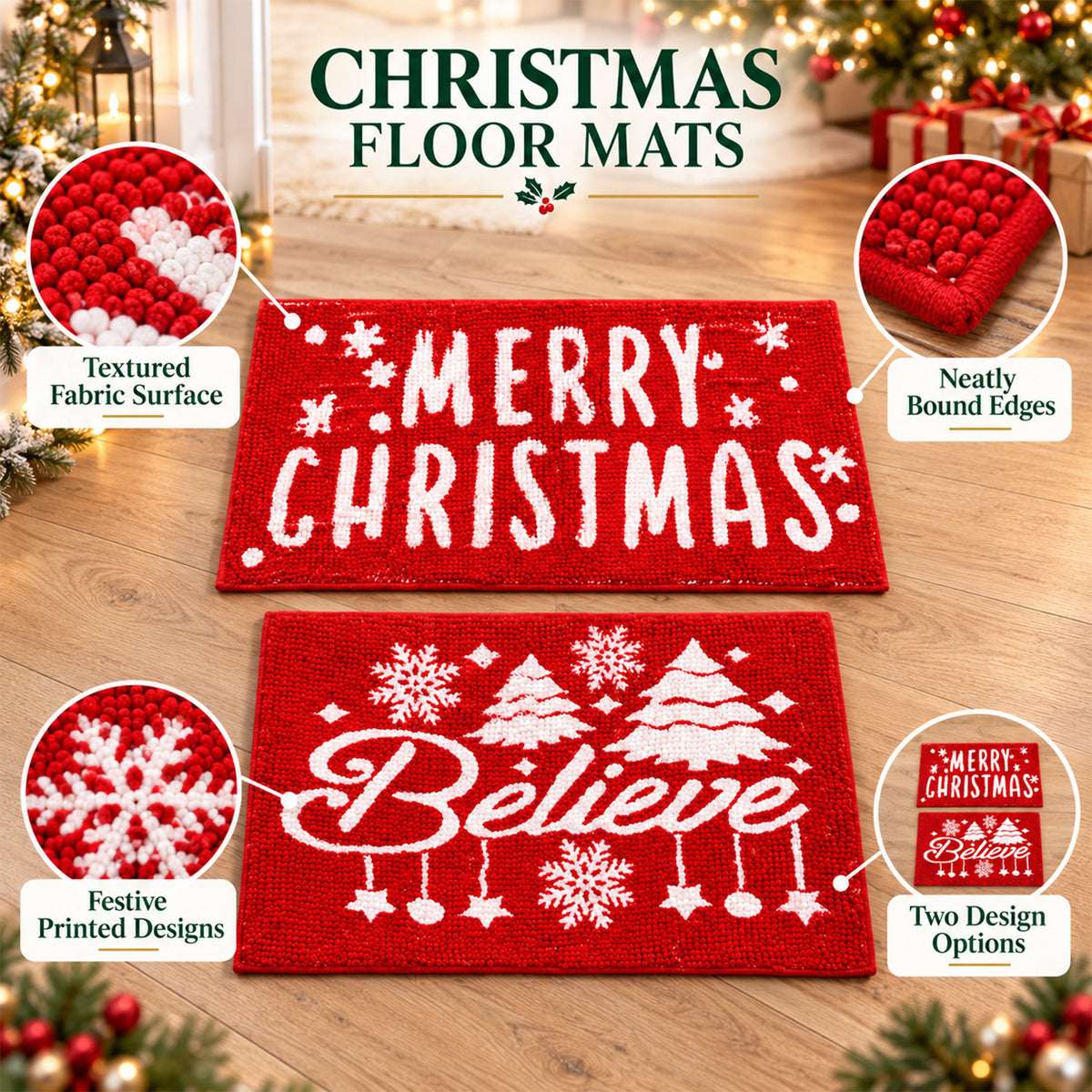 Christmas Decorative Chenille Floor Mat, Mixed Design and Size (1 Pc)