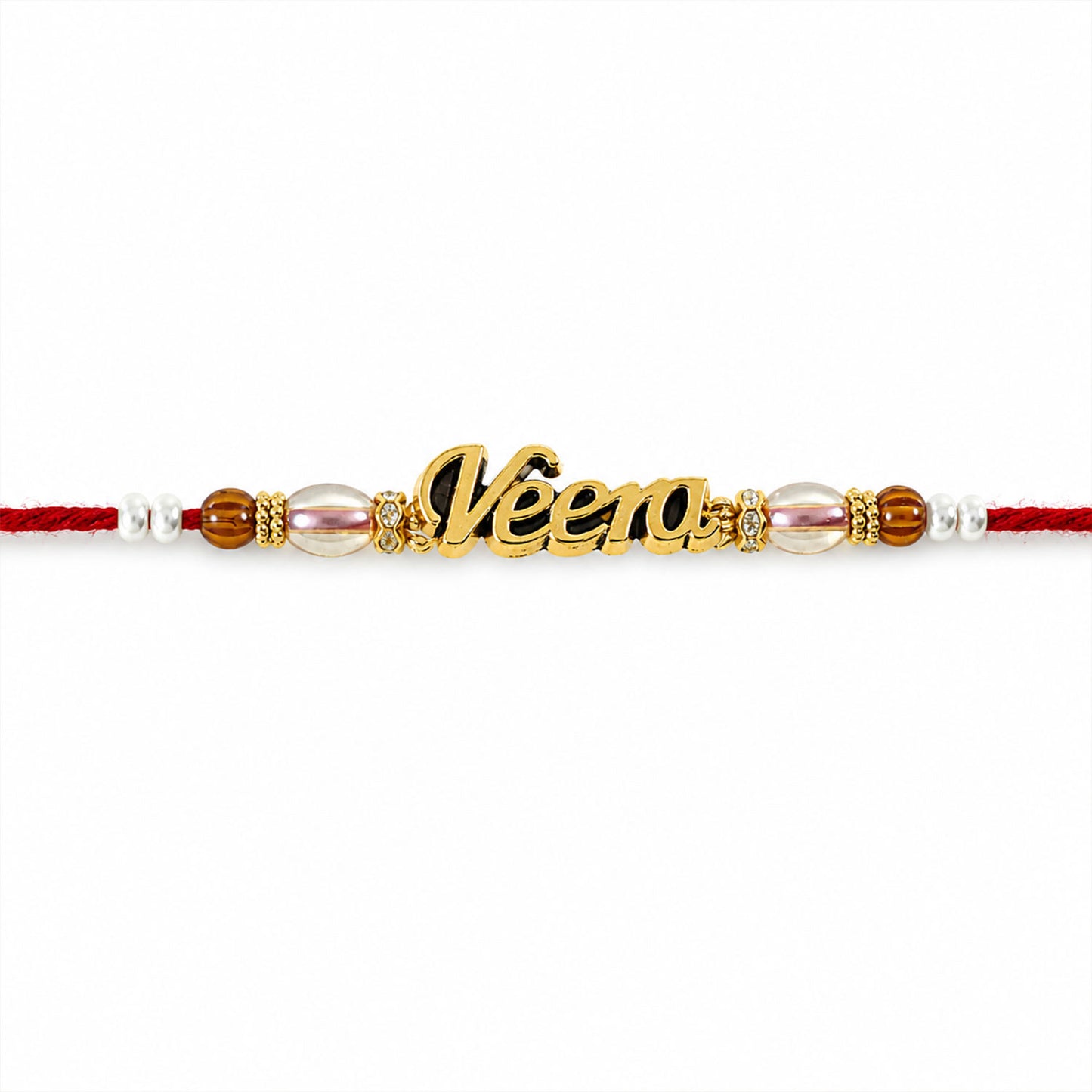 Veera Name Golden Rakhi with White Brown Beads, Red Thread and Premium Finish