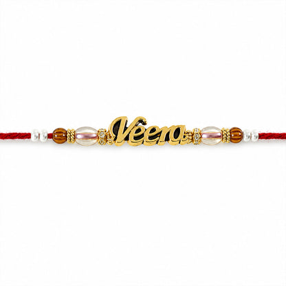 Veera Name Golden Rakhi with White Brown Beads, Red Thread and Premium Finish