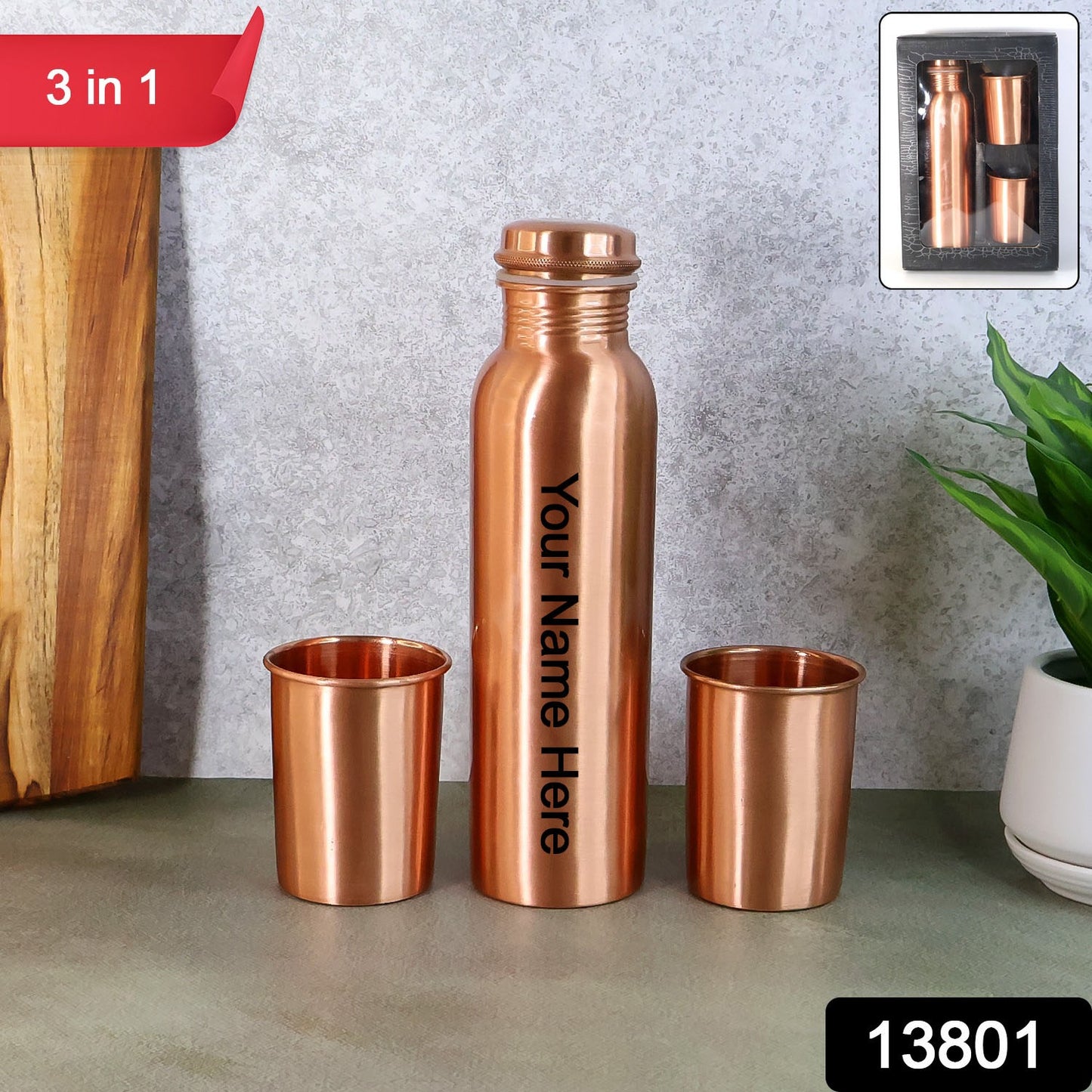 Customized Copper Water Bottle 2 Glasses with Gift Box (3 Pcs Set)