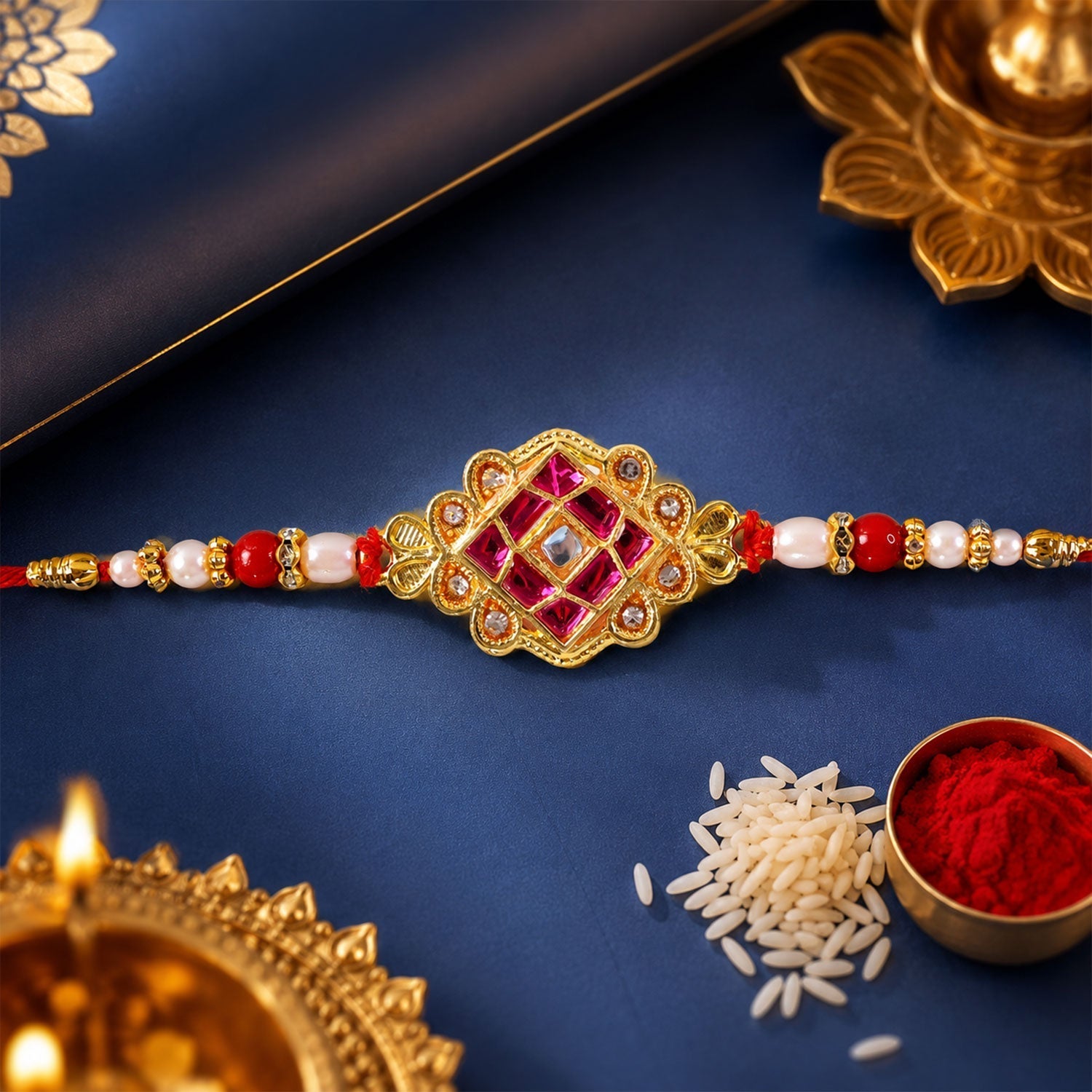 Kundan Beaded Floral Rakhi for Raksha Bandhan Gift (5pcs)