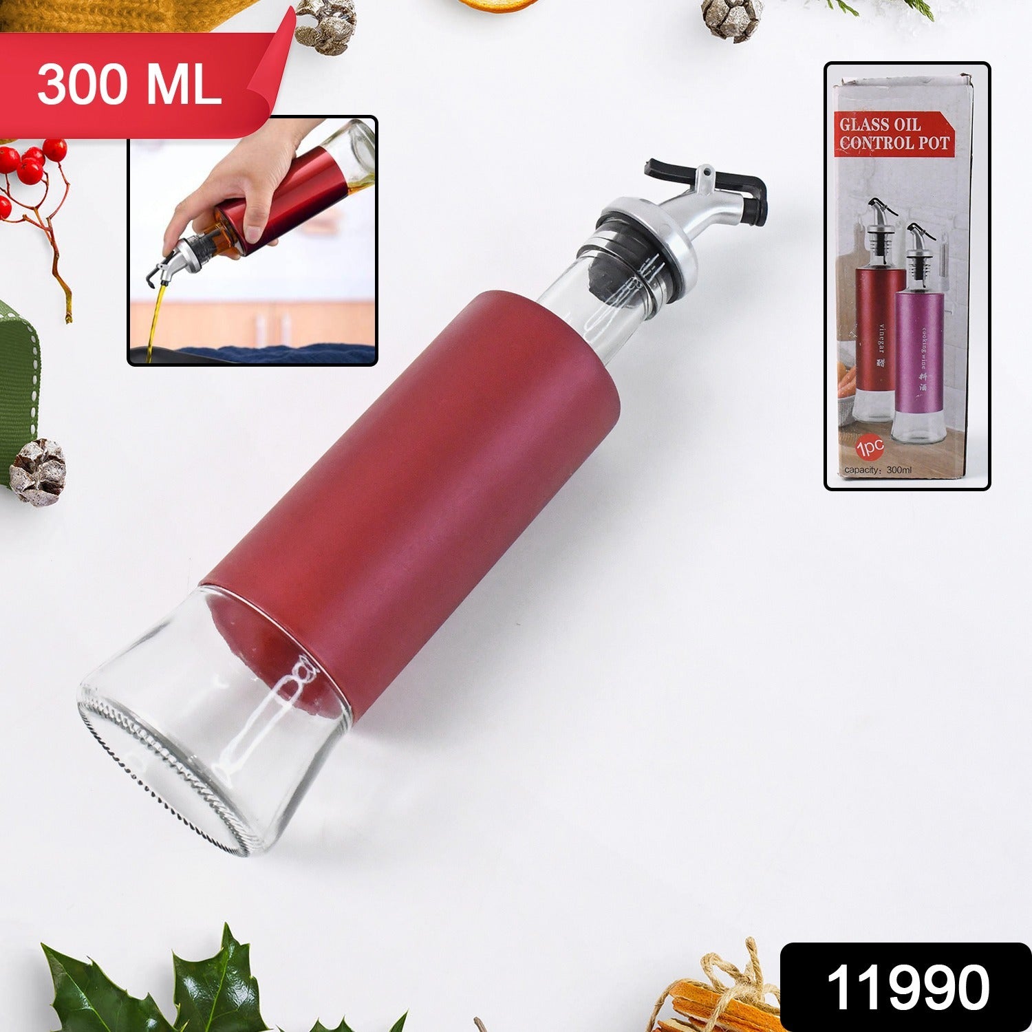 Glass Oil Dispenser with Plastic Covering, Oil and Vinegar Bottle (300 ml)